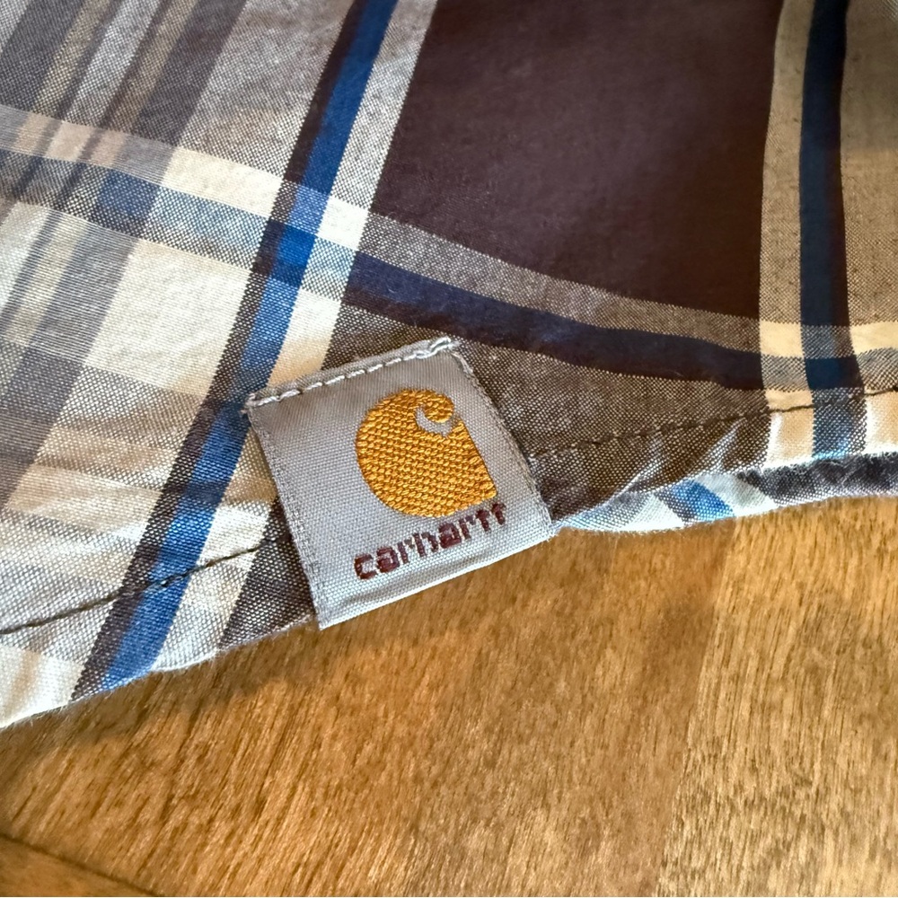 Carhartt Men's XL Plaid Shirt - Blue and Brown, Short Sleeve